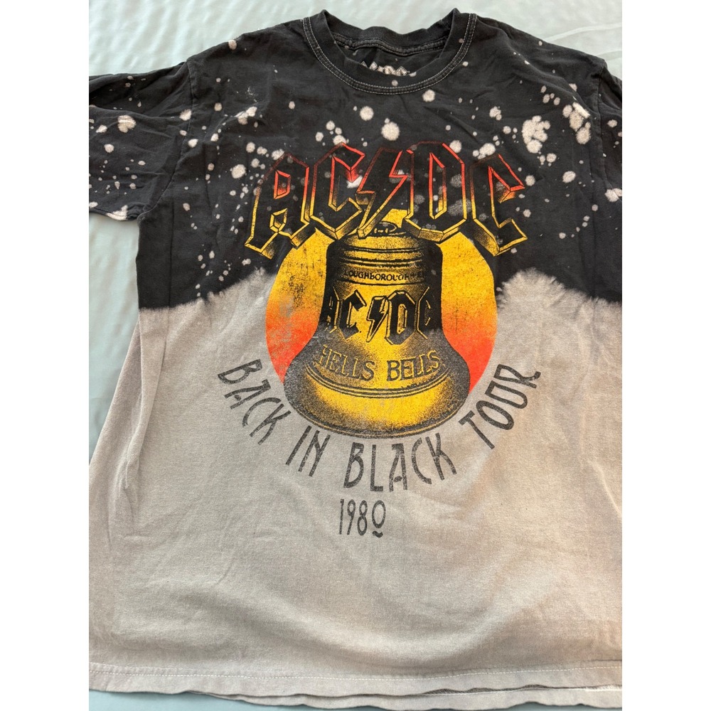 ACDC Back in Black Tour 1980 Bleach Wash Long Sleeve Shirt Small Black Grey